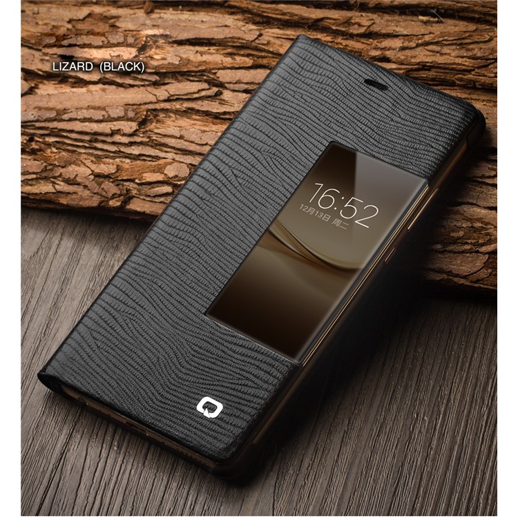 QIALINO for Huawei P9 Plus Business Smart View Window Lizard Cowhide Leather Case - Black-1