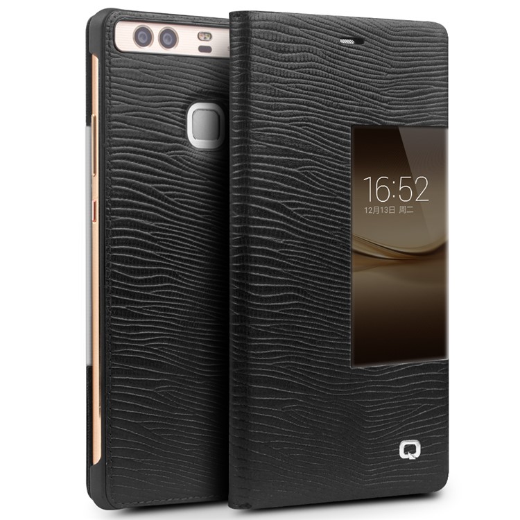 QIALINO for Huawei P9 Plus Business Smart View Window Lizard Cowhide Leather Case - Black-2
