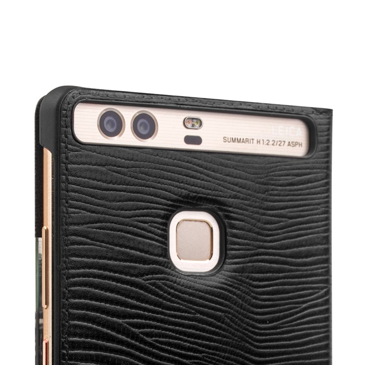 QIALINO for Huawei P9 Plus Business Smart View Window Lizard Cowhide Leather Case - Black-5