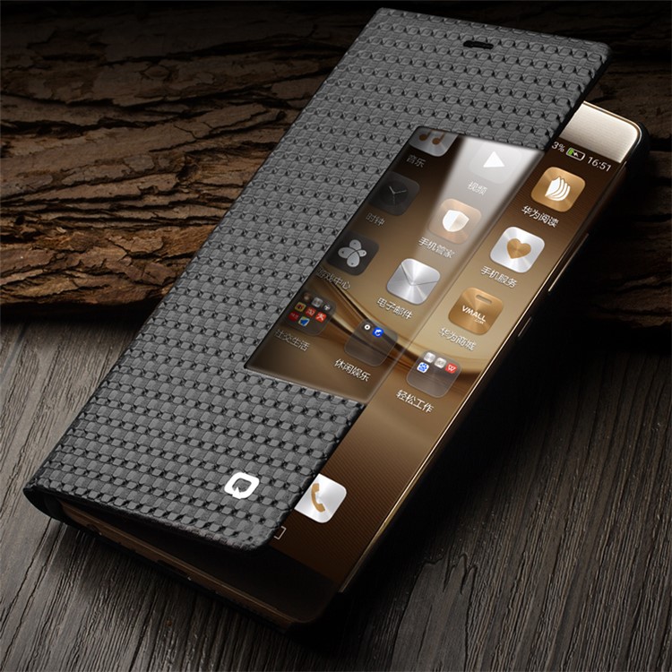 QIALINO for Huawei P9 Smart View Window Grid Texture Genuine Cowhide Leather Business Case - Black-1