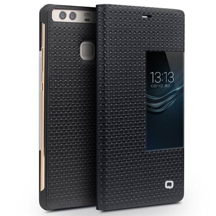 QIALINO for Huawei P9 Smart View Window Grid Texture Genuine Cowhide Leather Business Case - Black-2