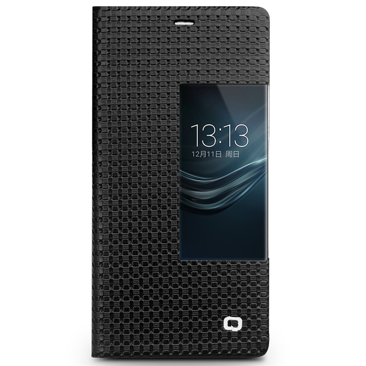 QIALINO for Huawei P9 Smart View Window Grid Texture Genuine Cowhide Leather Business Case - Black-3