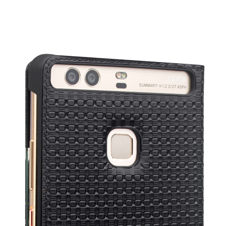 QIALINO for Huawei P9 Smart View Window Grid Texture Genuine Cowhide Leather Business Case - Black-4