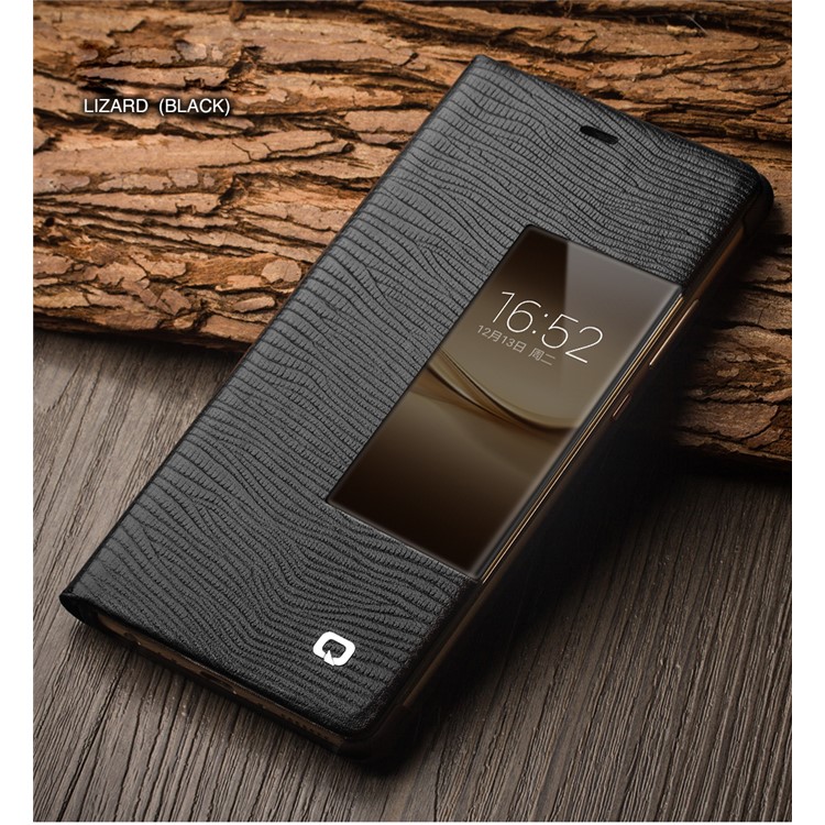 QIALINO for Huawei P9 Business Smart View Window Lizard Cowhide Leather Phone Case - Black-1