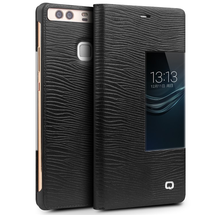 QIALINO for Huawei P9 Business Smart View Window Lizard Cowhide Leather Phone Case - Black-2