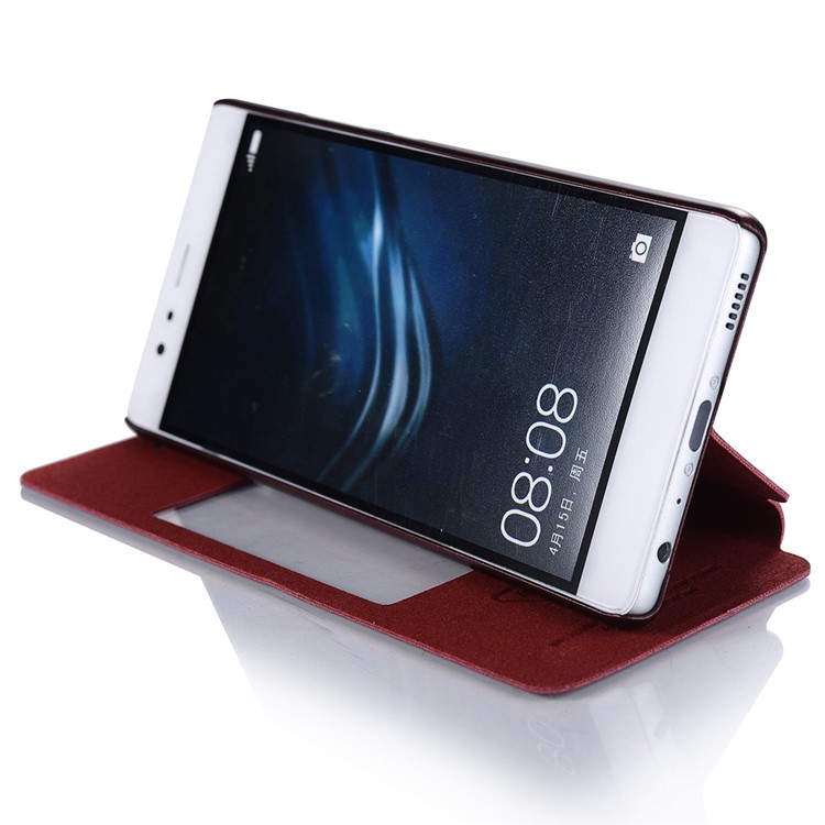 SULADA Dual Window View Leather Flip Smart Case for Huawei P9 - Wine Red-3