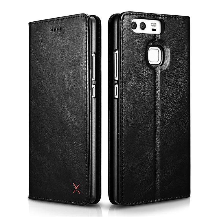 XOOMZ Auto-absorbed Genuine Leather Wallet Stand Cellphone Case for Huawei P9 - Black-1