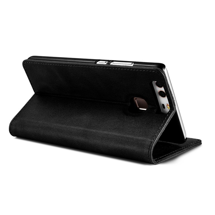 XOOMZ Auto-absorbed Genuine Leather Wallet Stand Cellphone Case for Huawei P9 - Black-2