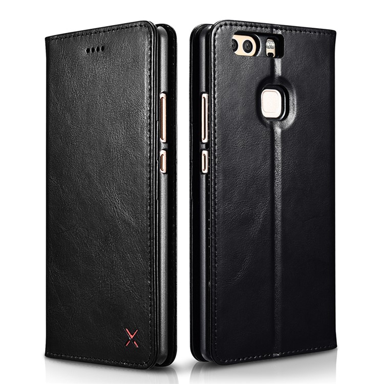 XOOMZ Auto-absorbed Genuine Leather Wallet Stand Cell Phone Case for Huawei P9 Plus - Black-1