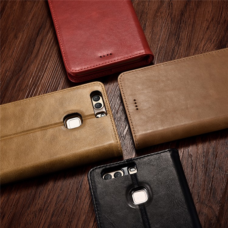 XOOMZ Auto-absorbed Genuine Leather Wallet Stand Cell Phone Case for Huawei P9 Plus - Black-5