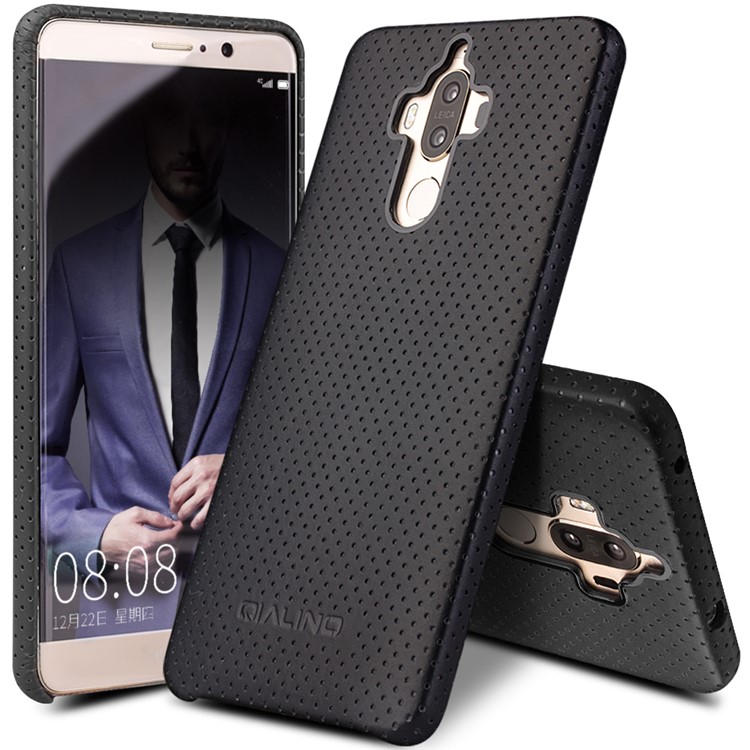 QIALINO Mesh Holes Genuine Leather Skin PC Phone Case for Huawei Mate 9 - Black-1