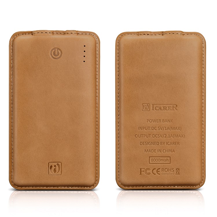 ICARER Genuine Leather Shell Portable Power Bank 8000mAh for iPhone iPad Samsung - Brown-16