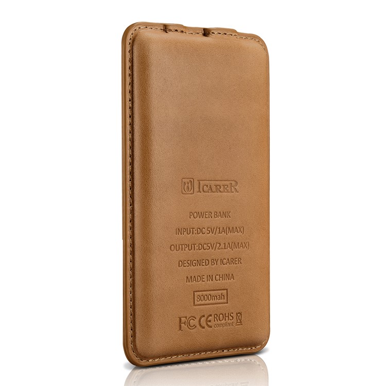 ICARER Genuine Leather Shell Portable Power Bank 8000mAh for iPhone iPad Samsung - Brown-6
