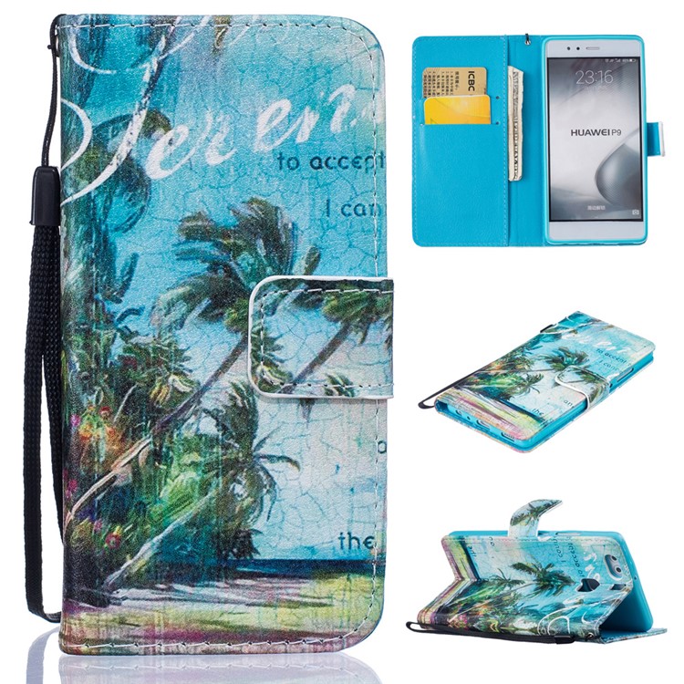 Patterned Leather Wallet Casing for Huawei P9 with Strap - Coconut Trees Seascape-1
