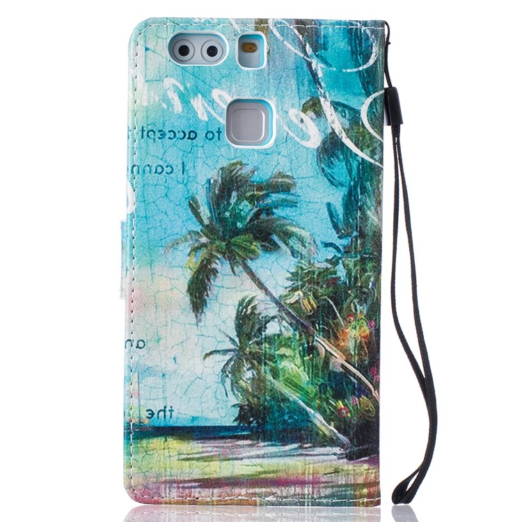 Patterned Leather Wallet Casing for Huawei P9 with Strap - Coconut Trees Seascape-3