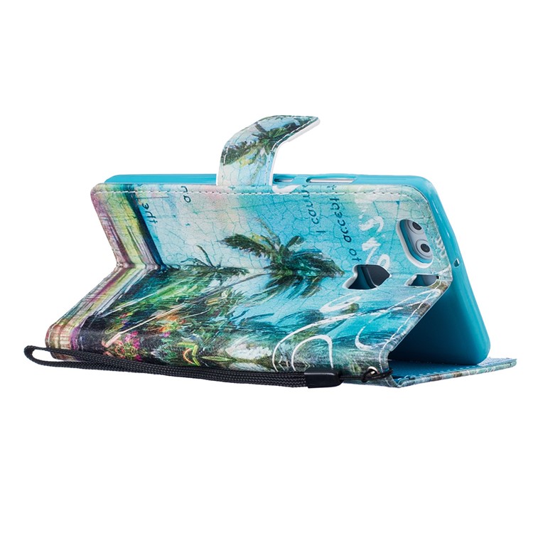 Patterned Leather Wallet Casing for Huawei P9 with Strap - Coconut Trees Seascape-5