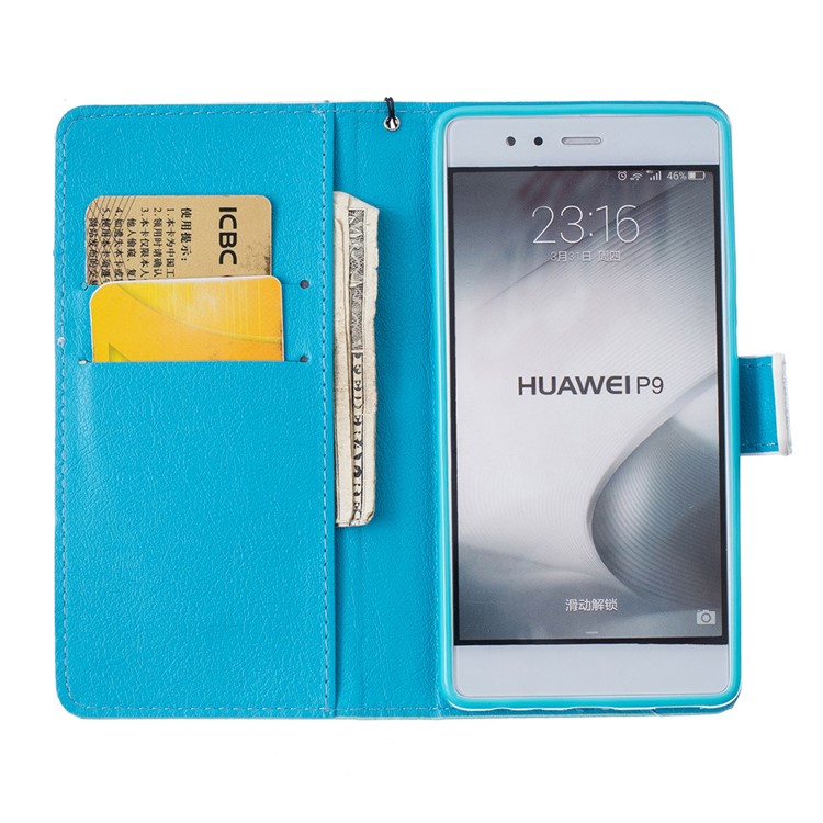 Patterned Leather Wallet Casing for Huawei P9 with Strap - Coconut Trees Seascape-6