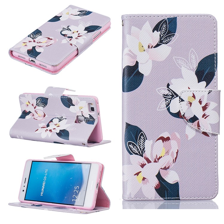Musterdruck Brieftasche Leder Stand Case Für Huawei P9 Lite / G9 Lite - Schöne Blumen / Grau-1