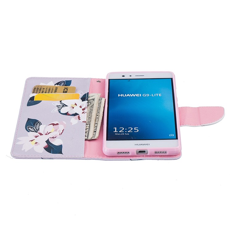 Musterdruck Brieftasche Leder Stand Case Für Huawei P9 Lite / G9 Lite - Schöne Blumen / Grau-8
