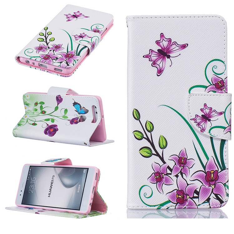 For Huawei P9 Pattern Printing Wallet Leather Mobile Phone Case - Purple Butterfly Flowers-1