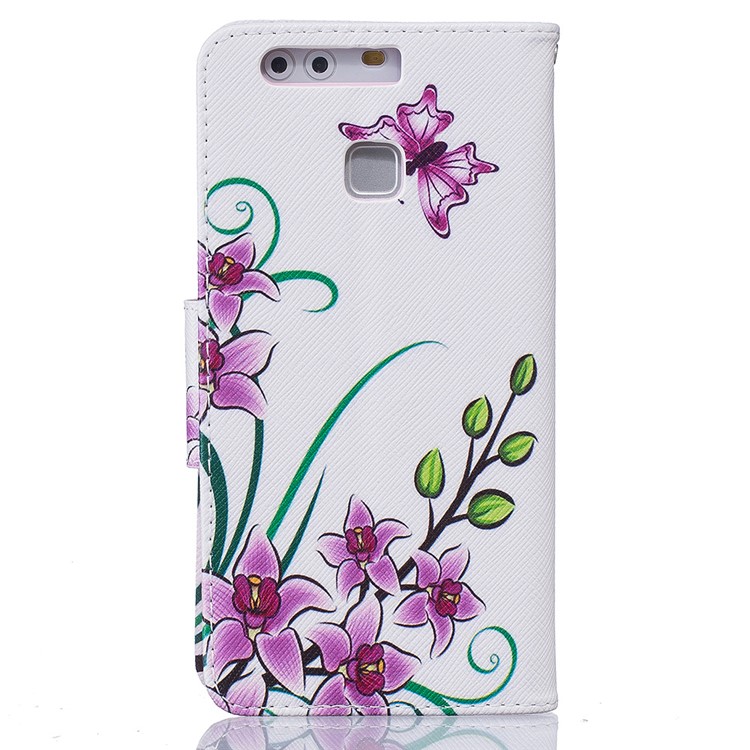 For Huawei P9 Pattern Printing Wallet Leather Mobile Phone Case - Purple Butterfly Flowers-3