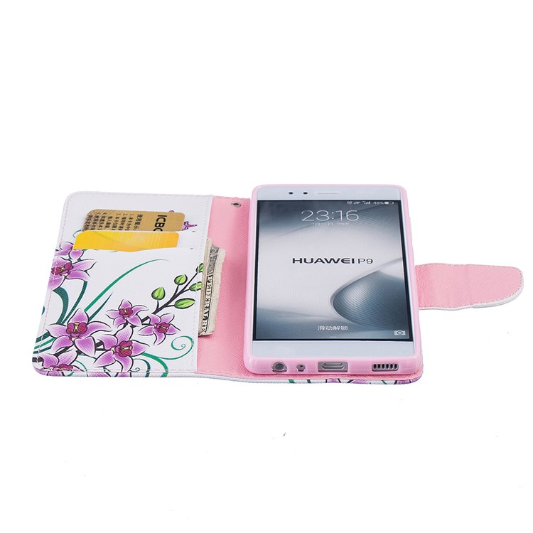 For Huawei P9 Pattern Printing Wallet Leather Mobile Phone Case - Purple Butterfly Flowers-8