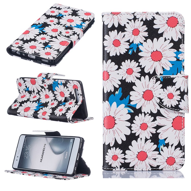 Patterned Wallet Stand PU Leather Cellphone Case for Huawei P9 - White Daisy