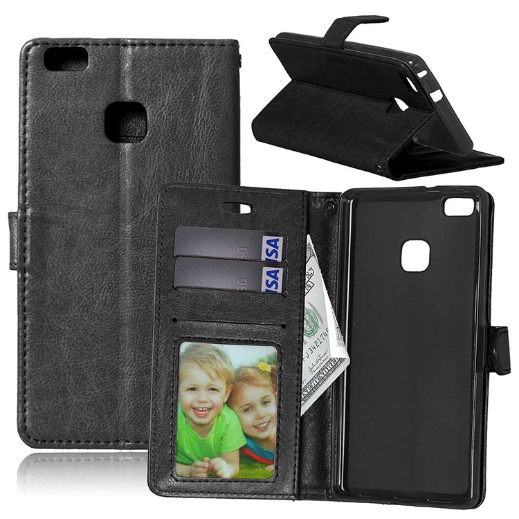 3 Card Slots Leather Flip Stand Phone Case for Huawei P9 Lite / G9 Lite - Black-1
