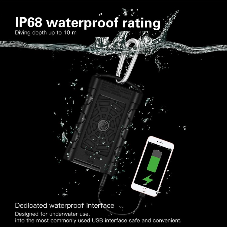 SPIDERCASE IP68 Waterproof 10000mAh QC 3.0 Type-C Power Bank with LED Flashlight for iPhone Samsung LG Etc (SP-001) - Black-9