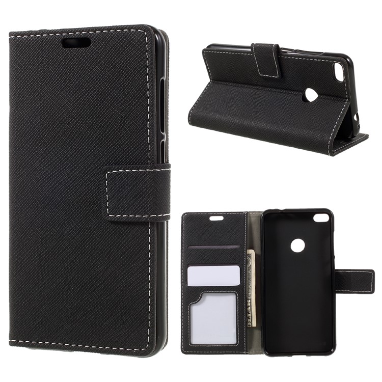 For Huawei P8 Lite (2017) / Honor 8 Lite Stand Wallet Leather Case Cross Texture - Black-1