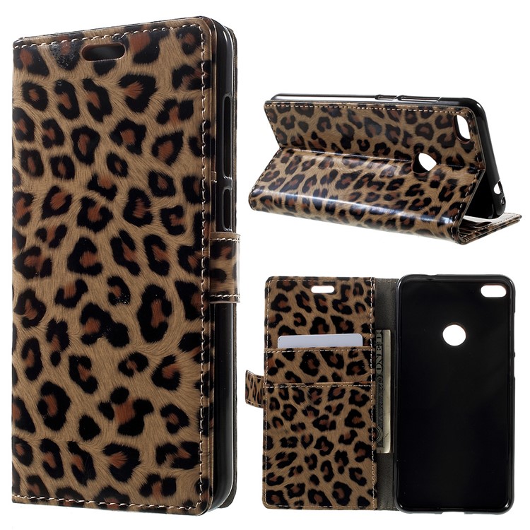 For Huawei P8 Lite (2017) / Honor 8 Lite Glossy Leopard PU Leather Wallet Case with Stand-1