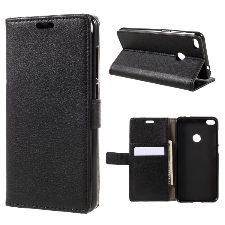 For Huawei P8 Lite (2017) / Honor 8 Lite Stand Leather Wallet Case Lychee Texture - Black-1