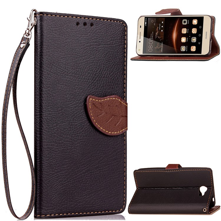 Leaf Magnetic Leather Wallet Case with Lanyard for Huawei Y5II/Y5 II/Honor 5 - Black-1