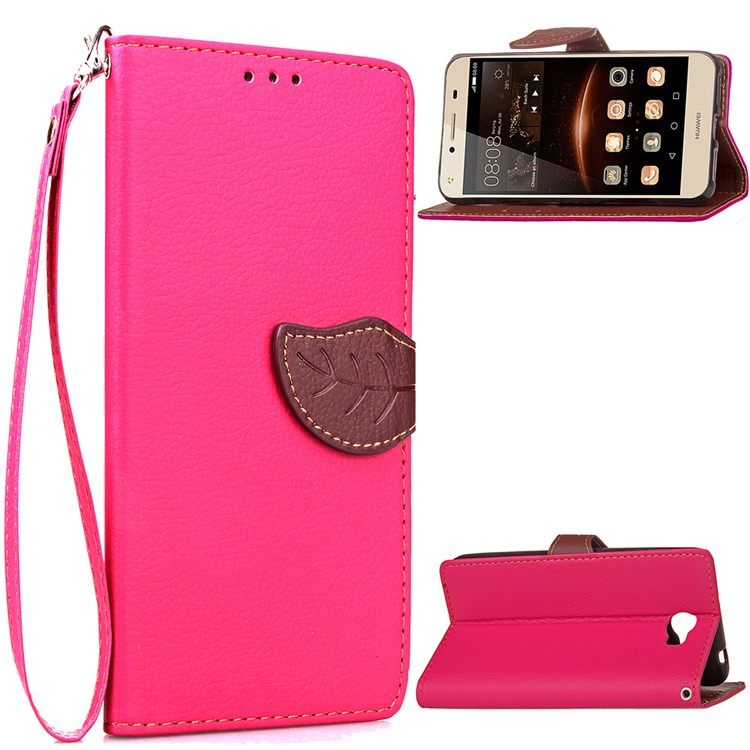 Leather Stand Wallet Phone Case with Lanyard for Huawei Y5II/Y5 II/Honor 5 - Rose-1