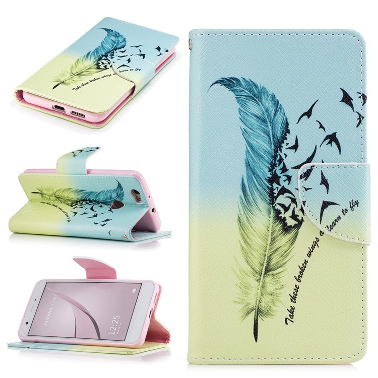 For Huawei nova Patterned Leather Wallet Flip Stand Phone Cover - Feather and Birds-1