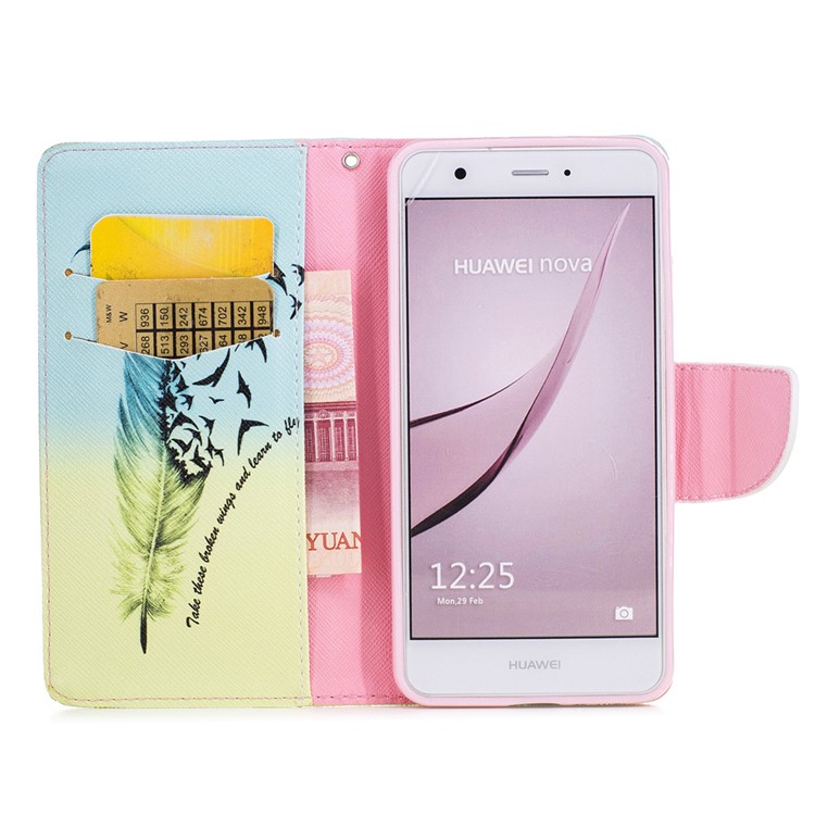 For Huawei nova Patterned Leather Wallet Flip Stand Phone Cover - Feather and Birds-8