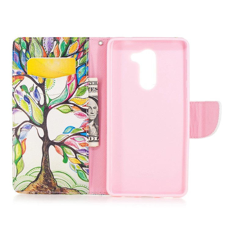 Pattern Printing Leather Wallet Mobile Casing for Huawei Honor 6x (2016) - Colorful Tree-4