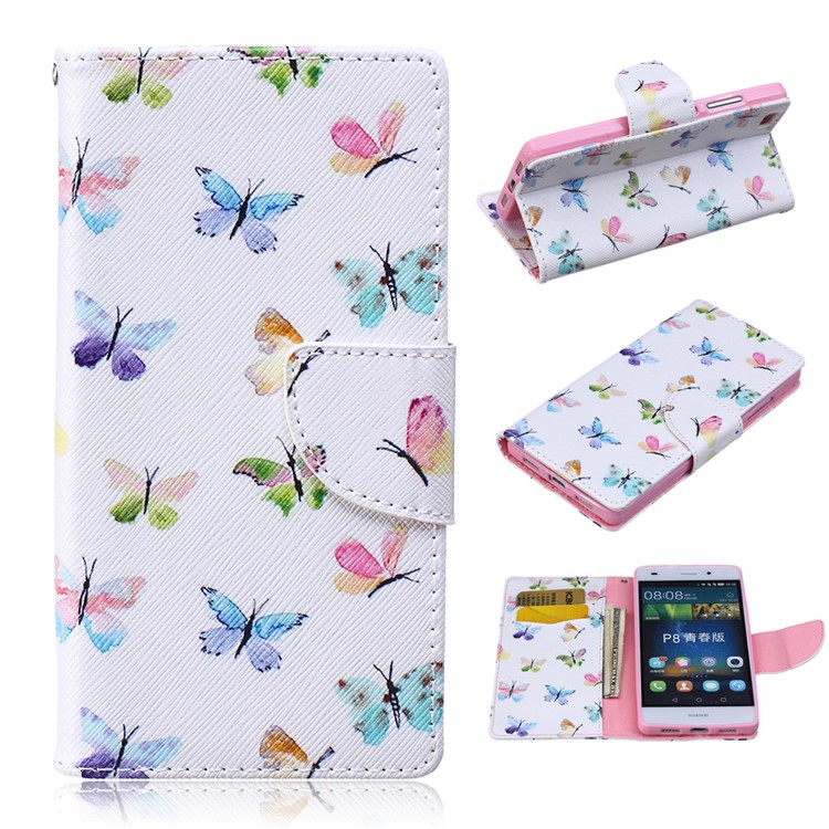 Pattern Printing Leather Wallet Case for Huawei P8 Lite - Vivid Butterflies-1