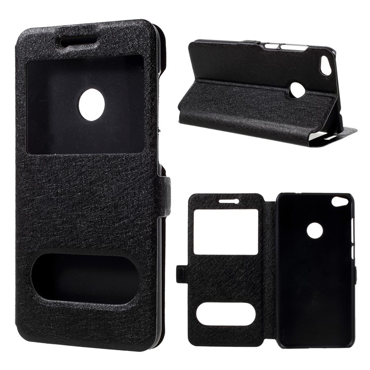 Silk Texture Dual Window Leather Phone Case for Huawei P8 Lite (2017) / Honor 8 Lite - Black-1