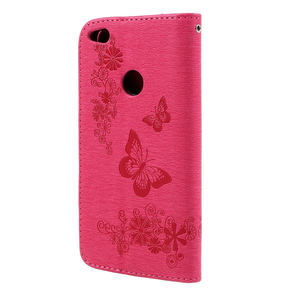 Caixa de Carteira de Couro Com Borboleta Impressa Para Huawei P8 Lite (2017) / Honra 8 Lite - Rosa