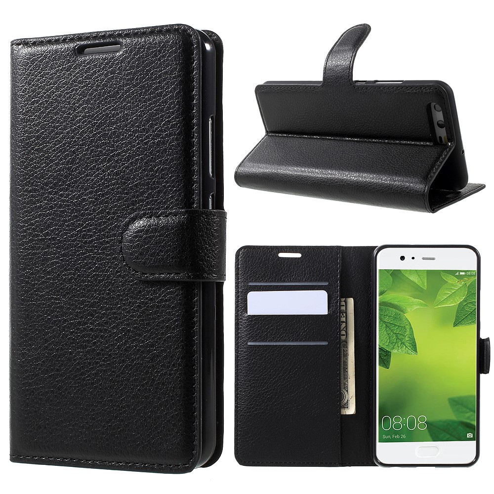 Litchi Skin Wallet Leather Stand Case for Huawei P10 - Black-1