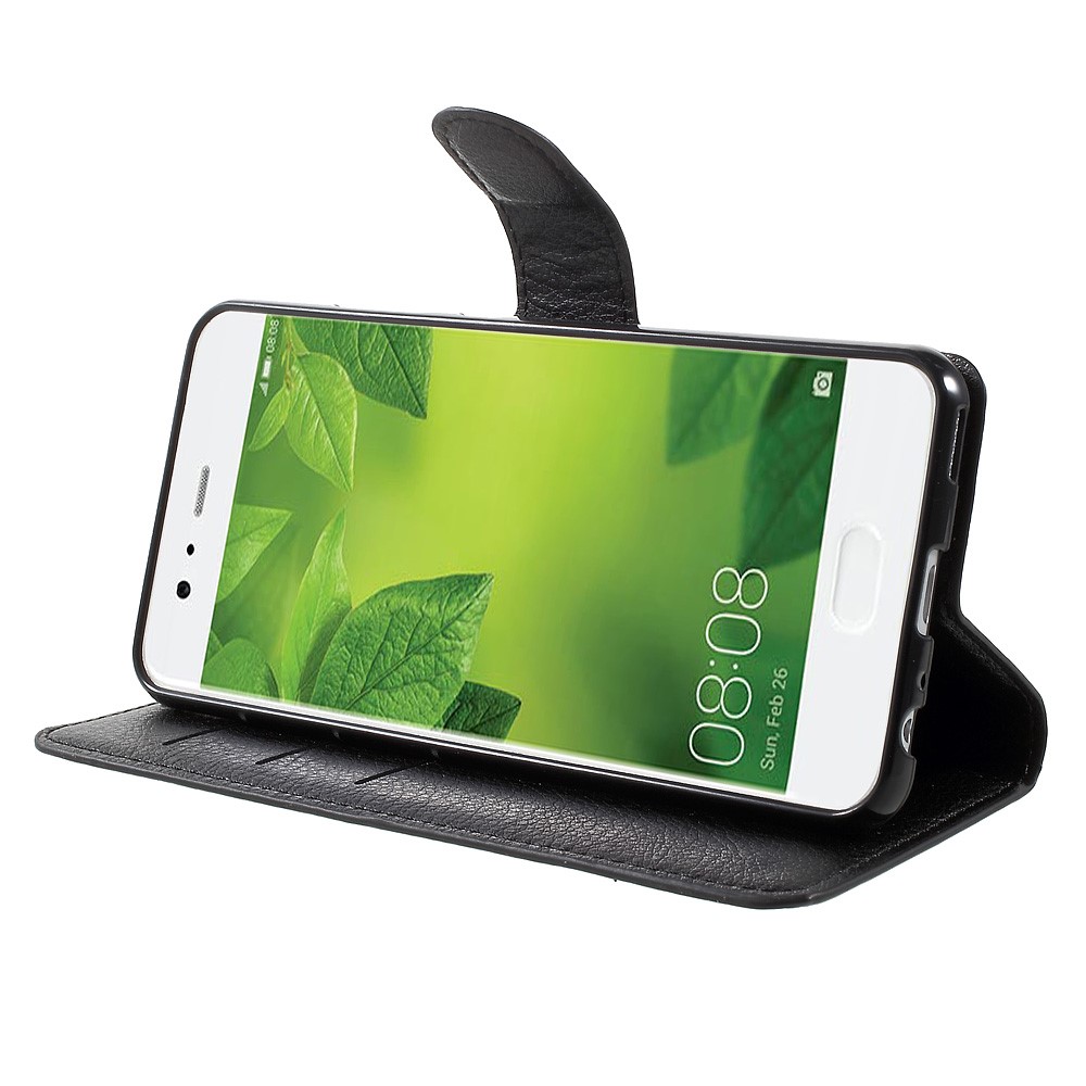 Para Huawei P10 Litchi Skin Stand Stand Tampa Com Projeto de Anti-colisão de Design de Carteira Separada - Preto