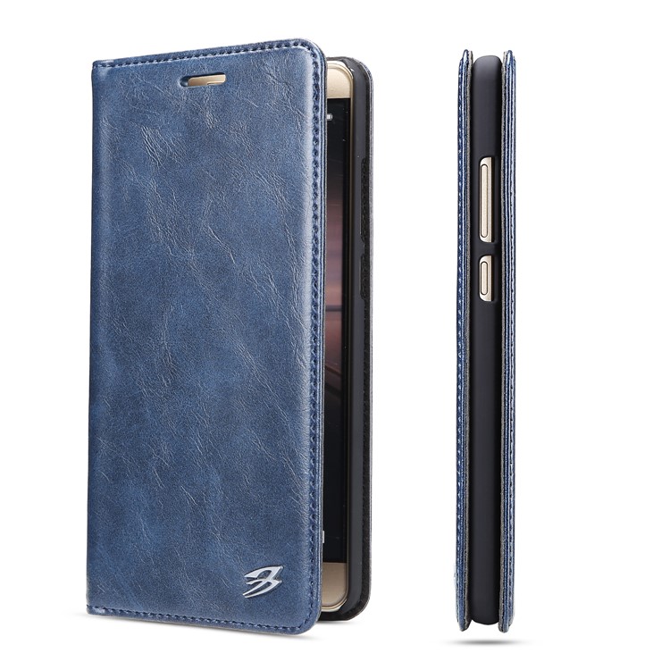 FIERRE SHANN Business Style Crazy Horse Leather Magnetic Case with Card Slot for Huawei Mate 9 - Blue-1