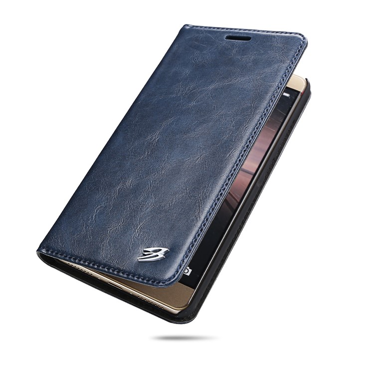 FIERRE SHANN Business Style Crazy Horse Leather Magnetic Case with Card Slot for Huawei Mate 9 - Blue-2