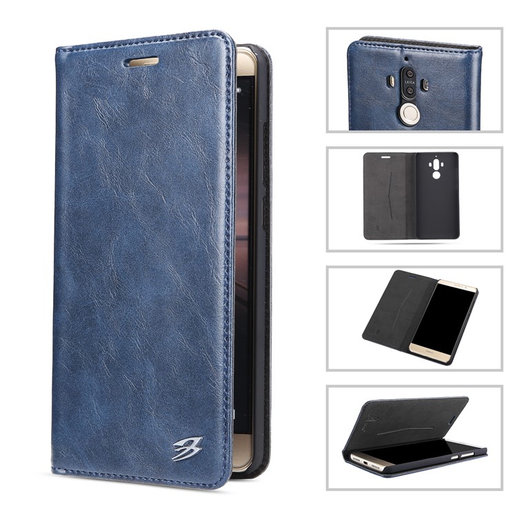 FIERRE SHANN Business Style Crazy Horse Leather Magnetic Case with Card Slot for Huawei Mate 9 - Blue-3