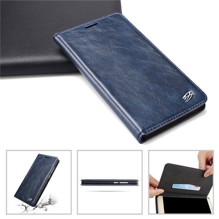 FIERRE SHANN Business Style Crazy Horse Leather Magnetic Case with Card Slot for Huawei Mate 9 - Blue-4