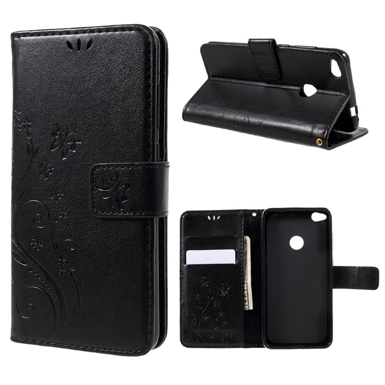 For Huawei P8 Lite (2017) / Honor 8 Lite Imprinted Flora Butterflies Leather Wallet Case Stand - Black-1