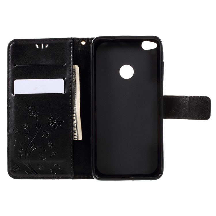 For Huawei P8 Lite (2017) / Honor 8 Lite Imprinted Flora Butterflies Leather Wallet Case Stand - Black-6