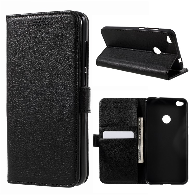 Litchi Skin Wallet Leather Stand Case for Huawei P8 Lite (2017) / Honor 8 Lite - Black-1