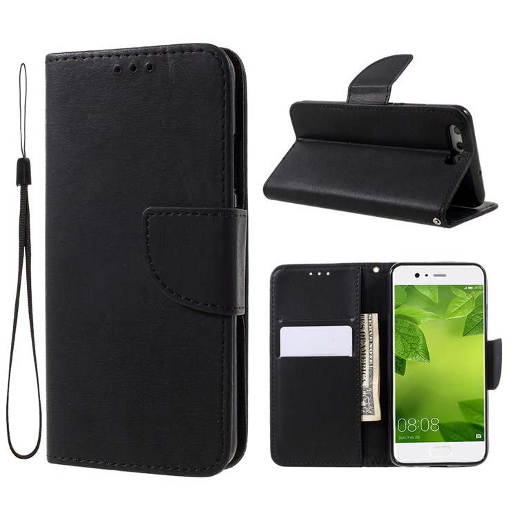 Stone Grain Leather Wallet Stand Case with Strap for Huawei P10 - Black-1